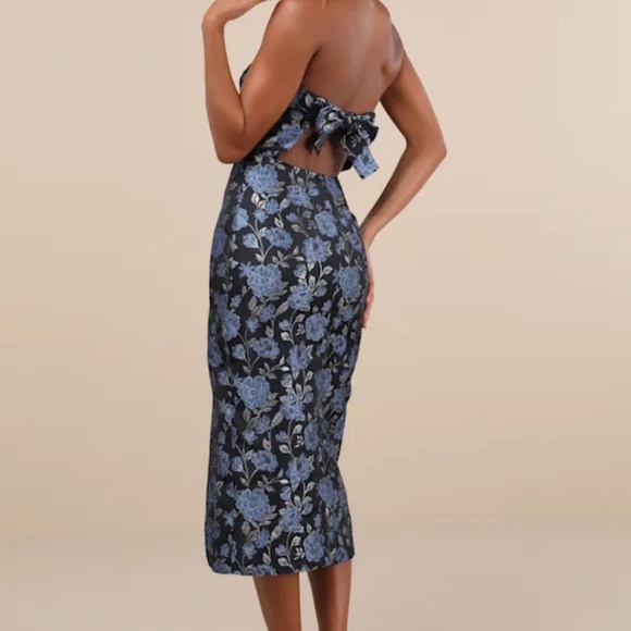 Lulus Beloved Belle Black Multi Jacquard Strapless Bow Midi Dress - Size S - Picture 2 of 4